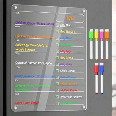 1 件装每周膳食计划磁性干擦板，配有 6 支马克笔、透明冰箱日历、每周白板，可用于记录购物清单