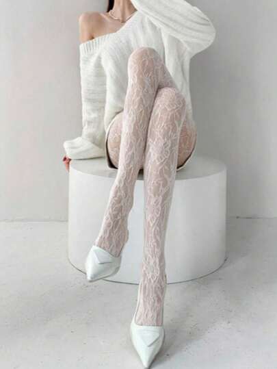 1 Pair Of Women's New Retro Sexy Long Stockings, White Pattern Transparent Leggings, Flower Hollow Out, Black Lace Mesh Pantyhose, Suitable For Spring And Summer Wear