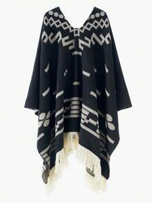 1pc Men's Geometric Pattern Tasseled Poncho Cape Shawl, Warm Outerwear Shawl