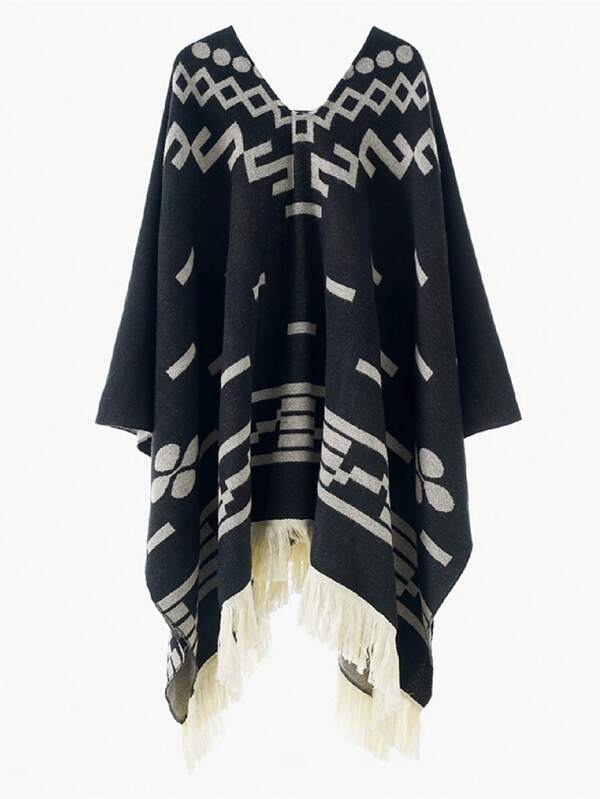 1pc Men's Geometric Pattern Tasseled Poncho Cape Shawl, Warm Outerwear Shawl