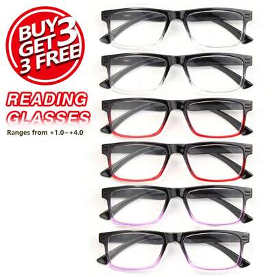 6pcs Classic Square Reading Glasses, Black Frame With Gradient Color, Multiple Color Options, Comfortable Lightweight Frames, Daily Reading Glasses