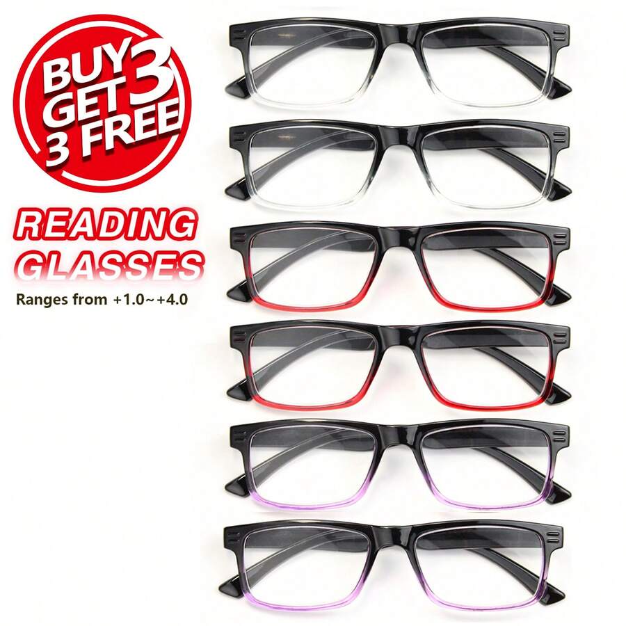 6pcs Classic Square Reading Glasses, Black Frame With Gradient Color, Multiple Color Options, Comfortable Lightweight Frames, Daily Reading Glasses - Multicolor 2 - View 1
