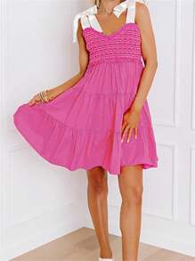 Women's Summer Pleated Cami Dress Sleeveless Open Back V Neck Above Knee Strappy Dress