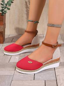 2026 Nuevos zapatos de mujer, zapatos de pescador trenzados con cuerda, sandalias de cuña huecas con hebilla de correa abierta de primavera/verano - Rojo - Ver 2