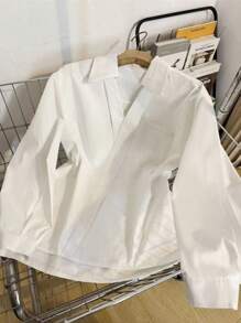 Stylish V-Neck White Long Sleeve Blouse For Women, Korean Oversized Casual Office Wear Top