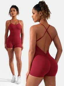 VOYJOY Jumpsuits For Women Backless Scrunch Strappy One Piece Workout Jumpsuits Tummy Control V Back Yoga Romper - Màu Đỏ Sâu - Xem 1