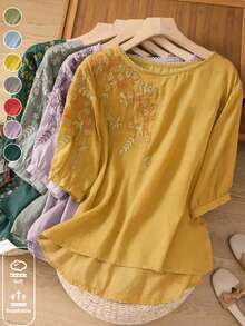 Women's Embroidered Loose Boho Vintage Blouse, Spring/Summer Casual Tops - Dark Green - View 8