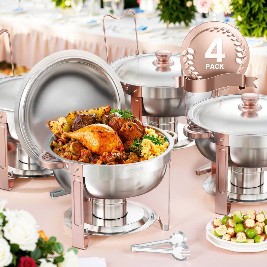 Chafing Dish Buffet Set, 5 Qt 4 Pack, Stainless Steel Chafer With 4 Full Size Pans, Round Catering Warmer Server With Lid Water Pan Folding Stand Clip, For Weddings Parties Banquets, Rose Gold - Stainless Steel Rose Gold - View 1