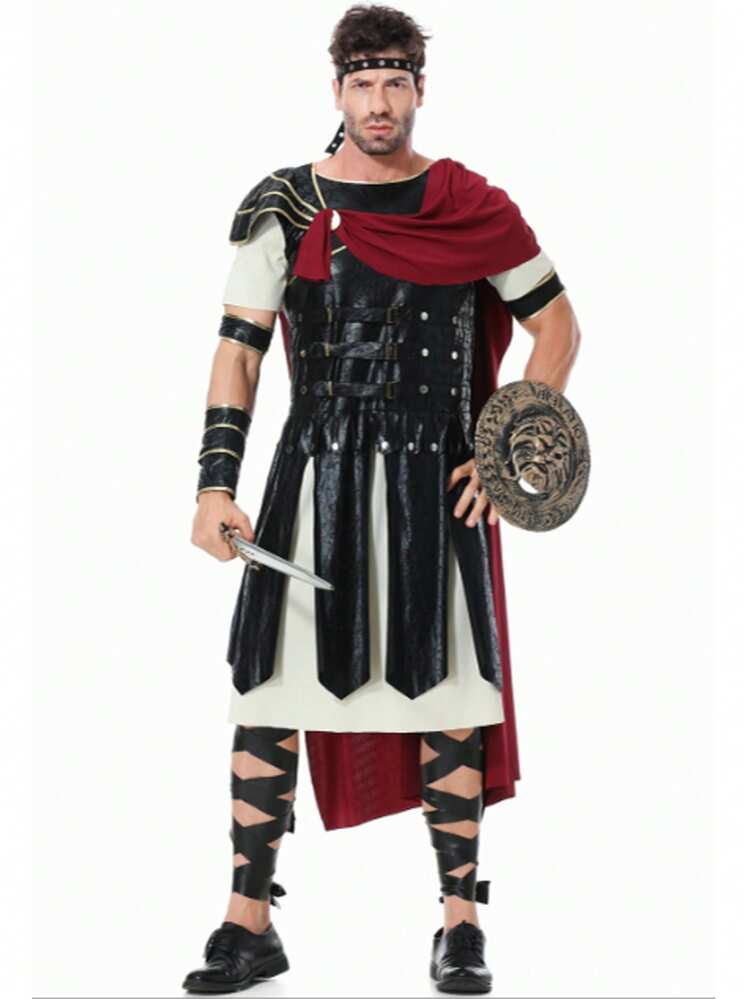 Conjunto de disfraz de guerrero espartano romano antiguo medieval: Escudo 30X30cm, Espada 48.5X13cm, Diadema + Atuendo (incluye capa) + 2 brazaletes + 2 muñequeras + 4 tobilleras Halloween - Multicolor - Añade 4