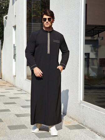 1 pezzo Abito nero da uomo stile arabo islamico con ricamo geometrico dorato, colletto minimalista, realizzato in tessuto premium in poliestere