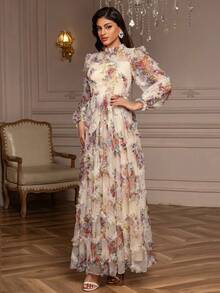 Everly L 翻领灯笼袖荷叶边厚重网眼印花腰部收紧蓬松摇摆长礼服优雅长袖舞会半正式婚礼宾客礼服，适合生日、毕业典礼、返校节 - 香檳色 - 查看 4