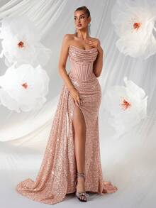 ADYCE 女士亮片无肩带美人鱼舞会礼服，高腰褶皱设计，缎带高开衩，露背系带，适合鸡尾酒会、正式晚宴、及地长裙，也适合婚礼宾客、正式场合、毕业典礼、约会之夜和新年等场合。