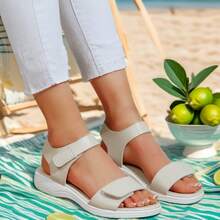 New Women Sandals, Solid Color Patchwork Neutral Style Beach Casual Basic Outdoor Fabric Asymmetric/Asymmetrical Hook & Loop Fastening Beach Wedding Party Home Outdoor Office, Spring/Summer - Apricot - View 3