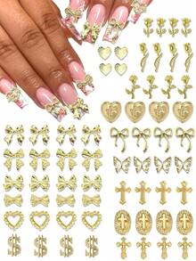 64Pcs Gold Nail Charms For Nails, 3D Alloy Cross Heart Y2K Nail Art Rhinestone For Women Girls Nail Decorations Diy Nail Art Supplies Nail Gems - Multicolor - View 7