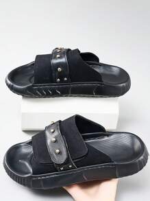 Handmade Stitched Men's Summer Hook And Loop Beach Sandals, Thick Sole Lightweight Casual Outdoor Breathable Slippers