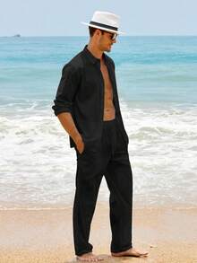 Runcati Men 2 Piece Cotton Linen Sets Outfits Drawstring Pants Button Down Long Sleeve Shirts Casual Beach Wedding Fashion Sets - màu đen - Xem 3
