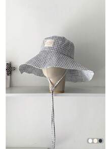 1pc Summer Vacation Fresh Big Brim Sun Hat For Women, Sweet Gingham Ribbon Foldable Beach Hat, With Love Patch, Outdoor Photography Sunshade Bucket Hat