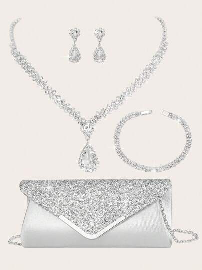 Juego de 4 piezas de vestido de novia de lujo, bolso, collar, pulsera y aretes con rhinestones brillantes, adecuado para fiestas, bodas, bailes de graduación, cenas/banquetes, que combina con vestidos de novia, vestidos de fiesta, vestidos de cumpleaños y vestidos de fiesta