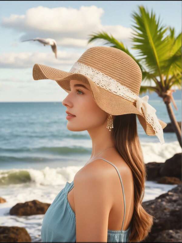 Damen Sommer Boho eleganter Strohhut - Khaki & Beige breiter Krempe Sonnenhut mit Spitzenschleife | Retro-Chic Osteraccessoires für Urlaub, Pool-Party & Outdoor-Mode