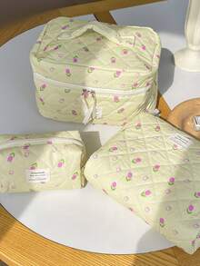 1Pc/Set Cartoon Rose Print Quilted Makeup Bag Floral Makeup Bag Cosmetic Bag Cute Makeup Bags Large Capacity Multi-Functional Cosmetic Organizer Portable Cosmetics Brush Storage Clutch With Zipper Closure For Cosmetics,Skin Care,Hand Cream,Jewelry,Sanitary Napkin,Coin,Keys,Samll Items For Home,Travel,Vacation And School Use Make Up Bag Wedding Bridesmaid Gift Mom Gift Birthday Gift Gift For Friends,Teacher Travel Essentials Commute Essentials - Yellow - View 2