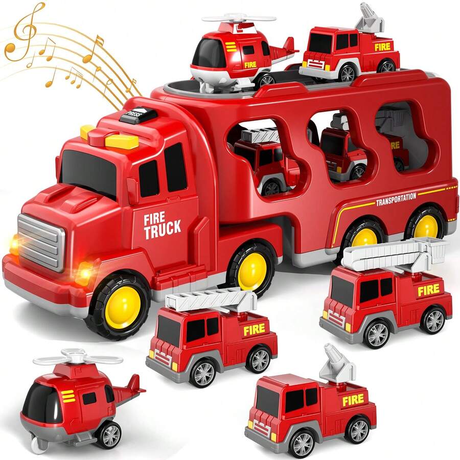 Fire Truck Toys For Toddlers 3 4 5 6 Years Old, 5 In 1 Truck Friction Power Toy Car, Fire Rescue Truck, Ladder Truck, Helicopter And Sprinkler, Christmas Birthday Gifts For Boys & Girls 3-5 Years Old - 5 In 1 Fire Truck - View 1