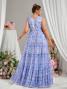 Abito estivo elegante Everly L con scollo a V profondo, senza maniche, a pois e fantasia floreale, con volant e rete, adatto per cerimonia, matrimonio, spiaggia - Multicolore - Visualizzare 2