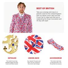 Adults Union Jack Suit & King's Crown – British Flag Fancy Dress Costume For Eurovision, Royal Events, Stag Parties & National Celebrations – Sizes - Union Jack Costume, King Fancy Dress, British Flag Outfit, Royal Party Costume, Eurovision Outfit, Men's British Costume, Uk Flag Suit, Novelty King Costume, Best Of British Costume, Adult Patriotic Outfit Available - red white and blue - View 2