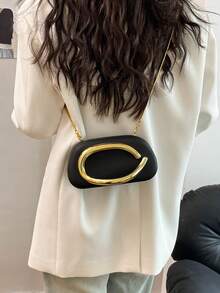 复古金属字母手拿包、时尚手提包、百搭晚装包、女士小方包 - 黑色 - 查看 4