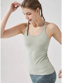 Yoga Racerback Tank Top For Women With Built In Bra,Women's Padded Sports Bra Fitness Workout Running Shirts - 綠色 - 查看 5