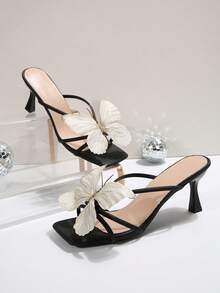 Fairy Style Square Toe Butterfly Knot Decor Nude Color High Heel Sandals, New Fashion French Style Artificial Leather Summer/Fall Heels For Dates, Gatherings, Parties, Commuting,Kitten Heels - Black - View 6