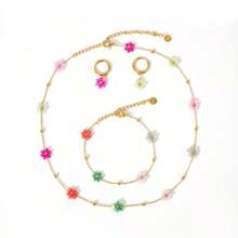 Daisy Flower Bracelet Necklace Anklet Earrings Set, Suitable For Women Spring/Summer Outfits