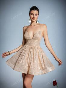 Elegant Backless Sequin Mini Dress With Delicate Spaghetti Straps - Formal Evening Gala Dress, Red Carpet Events, Luxury Wedding Guest Attire, Black-Tie Galas, And Upscale Party Wear, Prom Dress