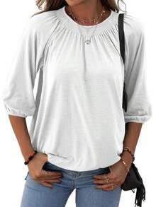 Women's Cotton Crew Neck T Shirt Loose Pleated Basic Top Half Sleeve Casual Blouse - 白色 - 查看 2