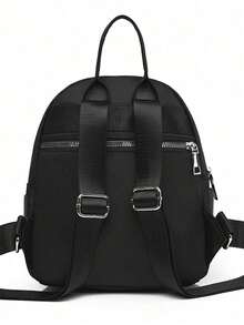 Small Minimalist Nylon Women's Backpack, Classic Solid Color College Style Bag With Multiple Pockets, School Backpack - Black - View 4