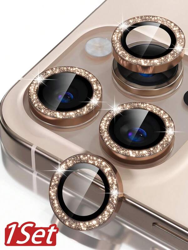 3 Stücke/Packung 9H Gehärtetes Glas Kameralinsen Schutz kompatibel mit Apple 16 Pro/16 Pro Max, Handyzubehör, unabhängiger dekorativer Linsenschutz aus Metall, Wüsten-Titanium-Gold Glitzer Geschenk zum Geburtstag, für Familie, Freunde, funkelnde Kristalle, Linsenschutz
