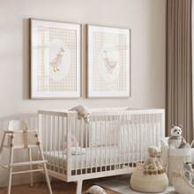 Set di 2 stampe su tela con motivo Gingham beige, raffiguranti oche, senza cornice, opere d'arte da parete per la cameretta, camera da letto, soggiorno, decorazione moderna per la casa