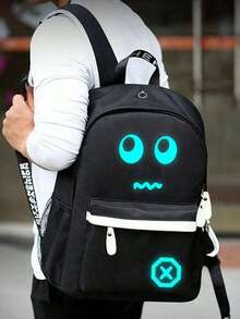 Minimalist, Lightweight Pattern Reflective Glow-In-The-Dark Backpack & Shoulder Bag, Adjustable Strap, Water-Resistant, Large Capacity, Casual, Suitable For School, College, University, Men (All Strap Prints Are Random) Prom School Backpack - Black - View 3