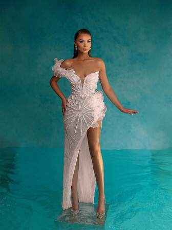 新款女士串珠性感晚礼服，正式，派对礼服，适合婚礼宾客