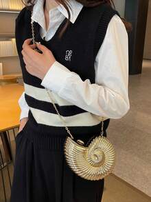 优雅贝壳造型派对手拿包，独特贝壳设计，闪亮女士晚宴手提包，配有链条肩带/斜挎带，可收纳耳机和零钱，适合派对、婚礼、正式场合，可搭配婚纱、礼服、晚礼服、生日礼服和女士派对服装。 - 金色 - 查看 5