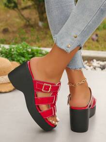大码女式夏季新款罗马镂空绑带红色鱼鳞纹厚底高跟凉鞋，适合日常穿着、工作、度假，时尚百搭的罗马拖鞋 - 紅色魚鱗紋 - 查看 6
