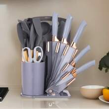 19pcs Premium Silicone Kitchen Utensil & Knife Set - Heat-Resistant, Non-Stick Safe Cooking Tools With Wooden Handles & Chef Knives - Includes Storage Stand - Perfect Gift For Juneteenth