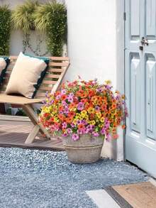8 piezas Conjunto de decoración floral artificial - Margarita colorida, Eucalipto, decoración resistente a los rayos UV para exteriores e interiores para patio, jardín, balcón, entrada del hogar, decoración de otoño - Multicolor - Ver 3