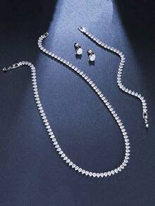 4pcs Set, Fashionable & Luxury Necklace Suit, Cubic Zirconia Banquet Elegant Necklace, Bracelet, Earrings Set For Women, Summer Accessory, Holiday Gift, Mother's Day Present - Hot Pink - View 3