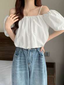 Vintage French Faux Pearls Strap One Shoulder Wide Loose Bubble Sleeve Shirt Blouse - White - View 4