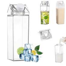 1 pieza Envase grande de cartón de leche transparente, botella de leche reutilizable, vaso transparente para beber, botella de agua de cartón de leche cuadrada a prueba de fugas para deportes al aire libre, viajes, camping y actividades escolares - Multicolor - Ver 2