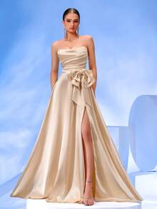 ADYCE Robe de balançoire à dos nu avec fente haute et nœud papillon structuré fait main, robe pour invité de mariage, convient aux événements formels, soirées, galas, fêtes, robe du soir, robe de soirée - Nude - Voir 3