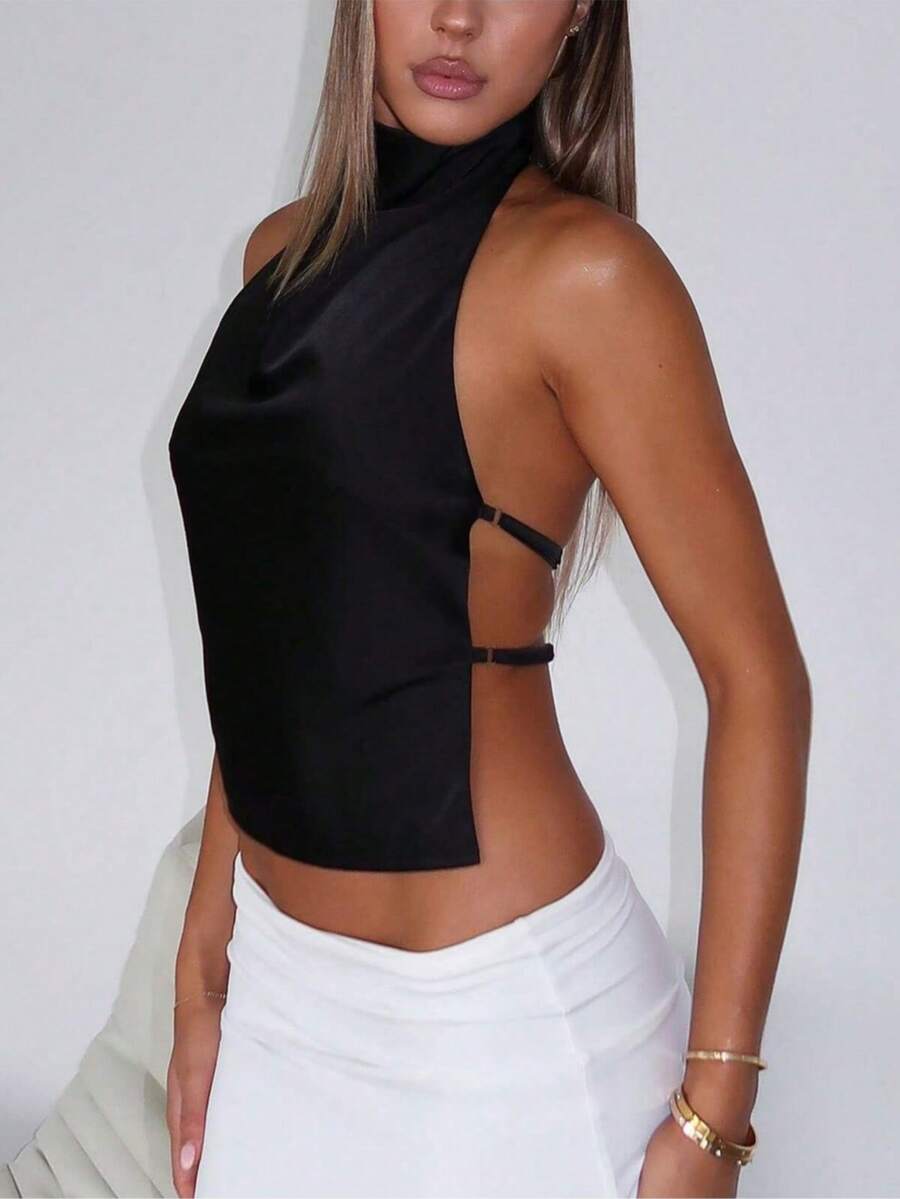Women's Satin Backless Halter Tops Y2K Solid Color Sleeveless Open Back Slim Fit Crop Tank Tops Summer Going Out Tops Croppped Vests Shirts Party Club Streetwear