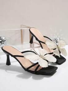 Fairy Style Square Toe Butterfly Knot Decor Nude Color High Heel Sandals, New Fashion French Style Artificial Leather Summer/Fall Heels For Dates, Gatherings, Parties, Commuting,Kitten Heels - Black - View 7