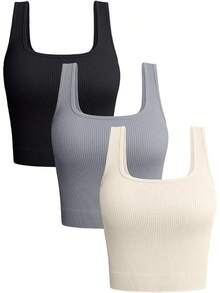 OQQ Women's 3 Piece Tank Tops Ribbed Seamless Workout Exercise Shirts 2025 Summer Basic Camis - Black Grey Beige - View 1