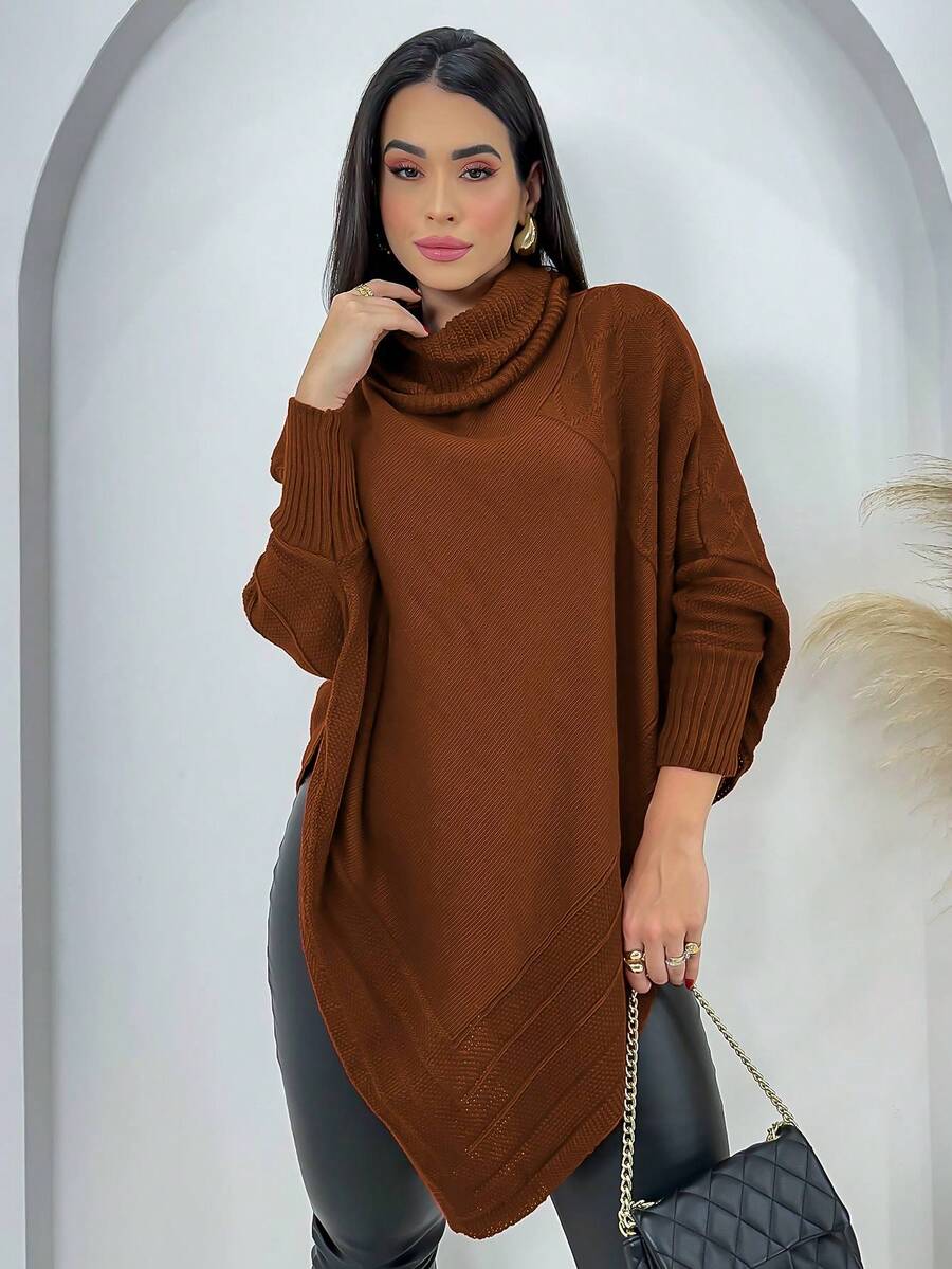 Women's Poncho Wool Coat Knit Cold Winter Blouse - Rust Brown - View 1